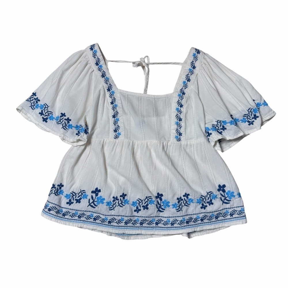 Old Navy White & Blue Embroidered Blouse Womens XS - Picture 2 of 9